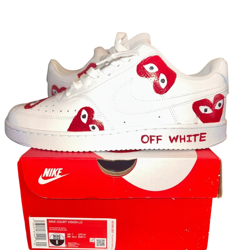 Nike Court Vision Lo Custom Heart White/Red Sneakers Mens 8Womens 9.5 CD8544-100 - Picture 2 of 5